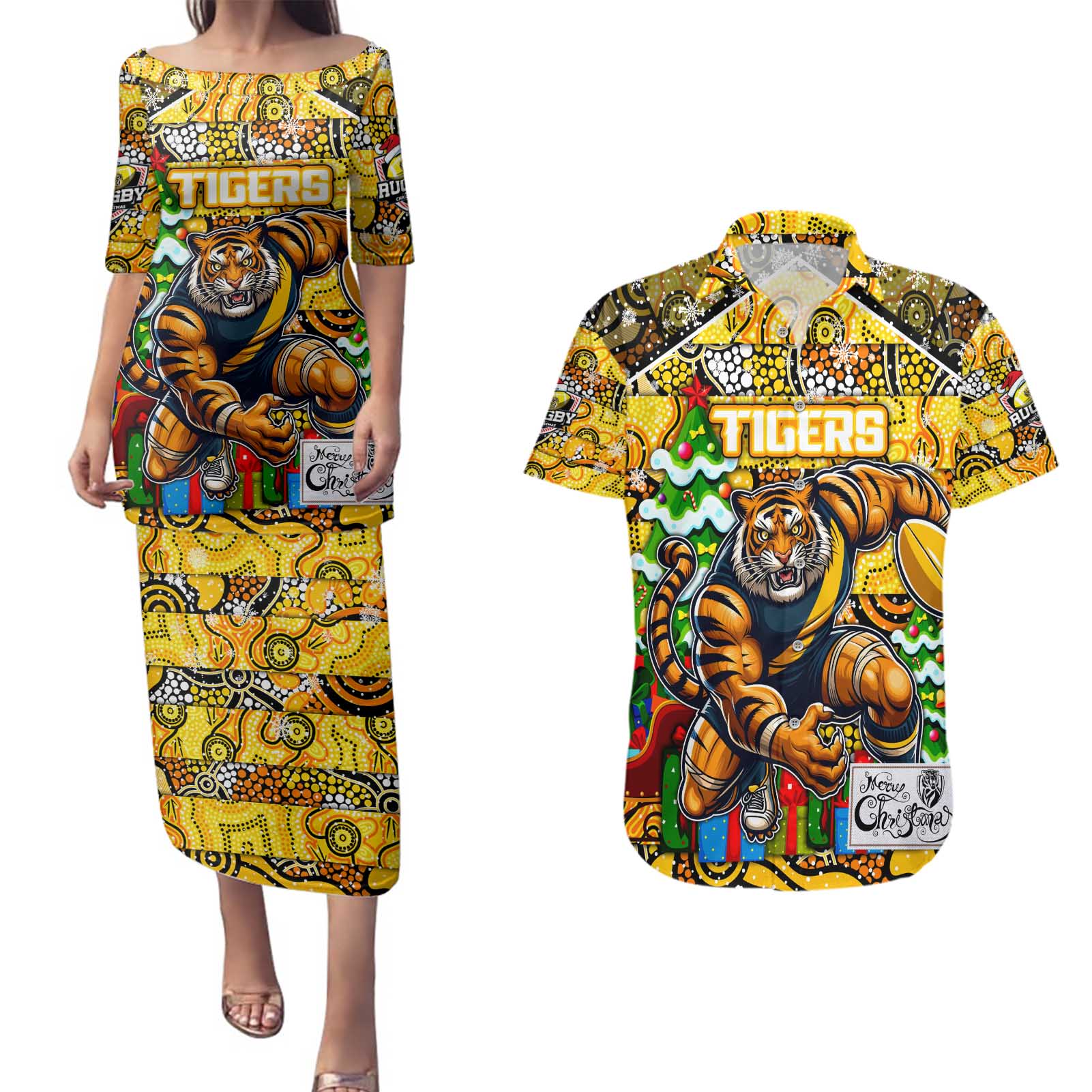 Custom Richmond Tigers Football Merry Christmas Couples Matching Puletasi and Hawaiian Shirt Indigenous Australian Art