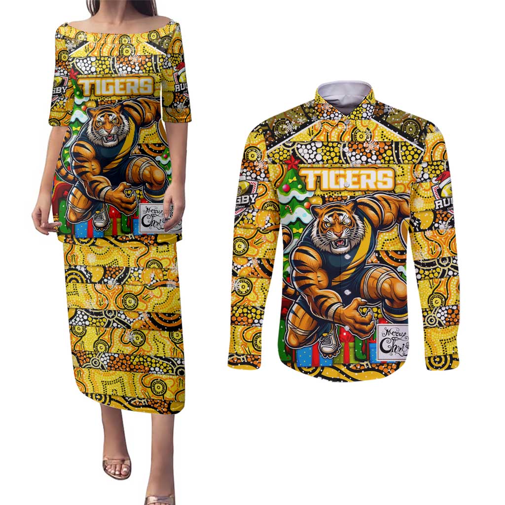 Custom Richmond Tigers Football Merry Christmas Couples Matching Puletasi and Long Sleeve Button Shirt Indigenous Australian Art
