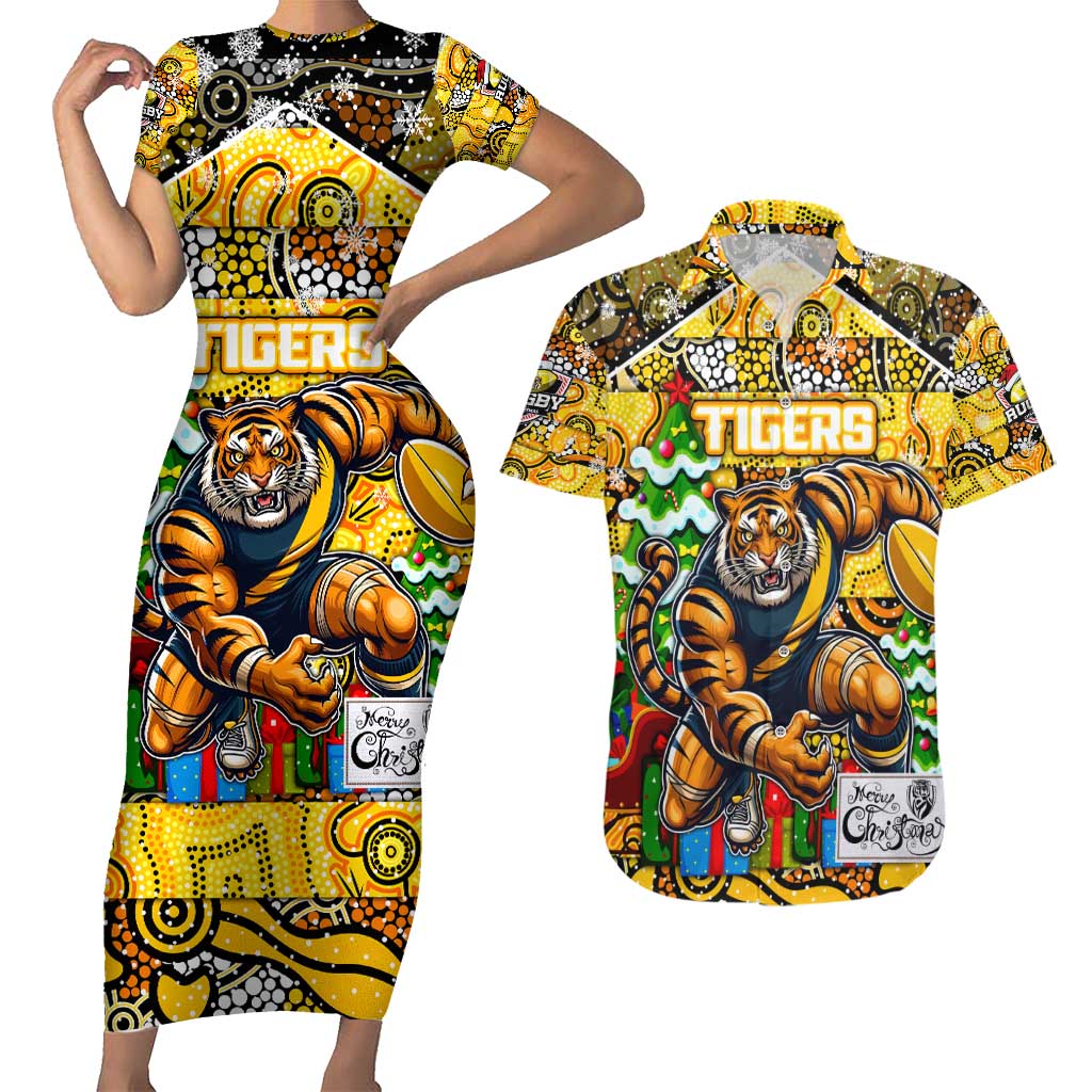 Custom Richmond Tigers Football Merry Christmas Couples Matching Short Sleeve Bodycon Dress and Hawaiian Shirt Indigenous Australian Art