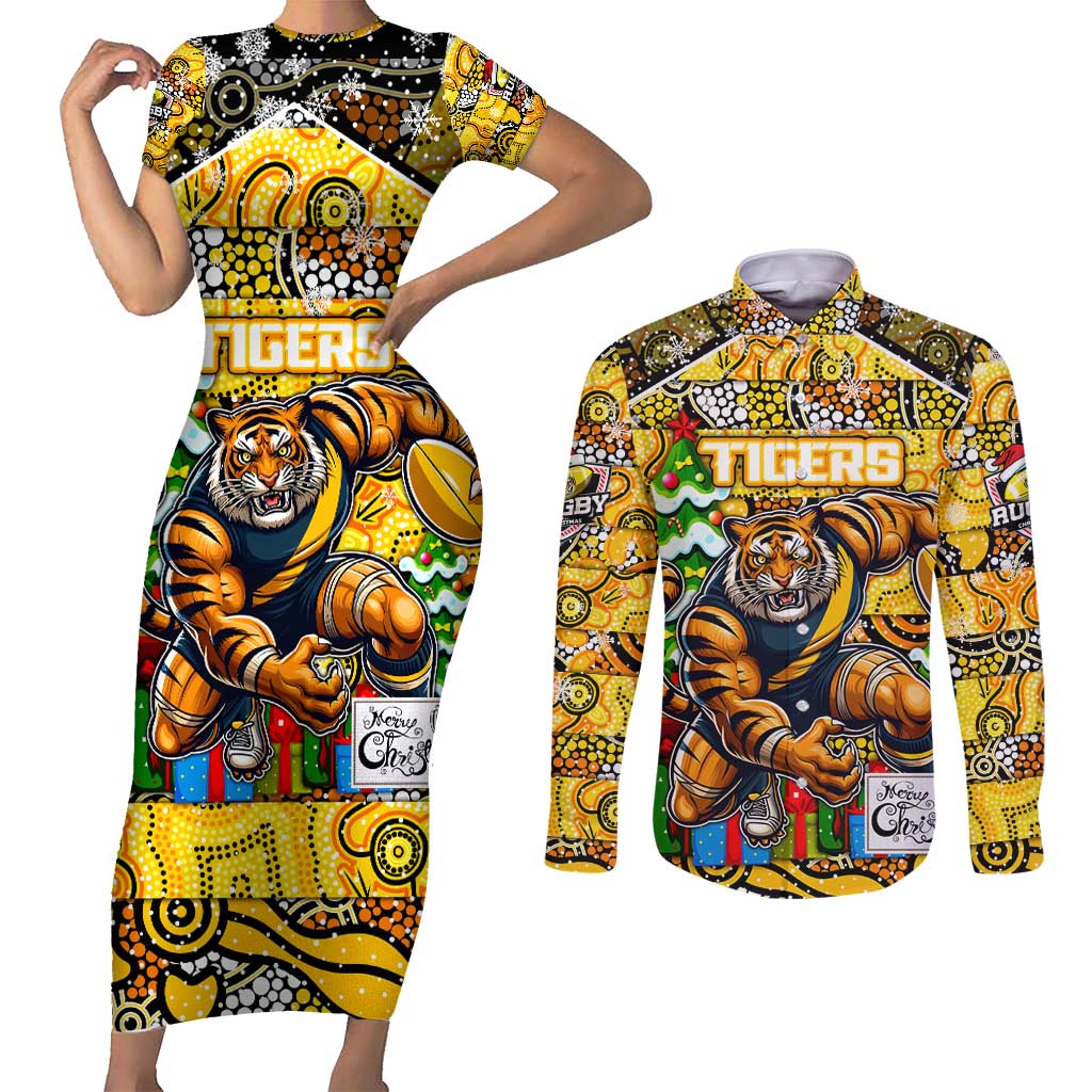 Custom Richmond Tigers Football Merry Christmas Couples Matching Short Sleeve Bodycon Dress and Long Sleeve Button Shirt Indigenous Australian Art
