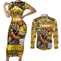 Custom Richmond Tigers Football Merry Christmas Couples Matching Short Sleeve Bodycon Dress and Long Sleeve Button Shirt Indigenous Australian Art