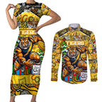 Custom Richmond Tigers Football Merry Christmas Couples Matching Short Sleeve Bodycon Dress and Long Sleeve Button Shirt Indigenous Australian Art