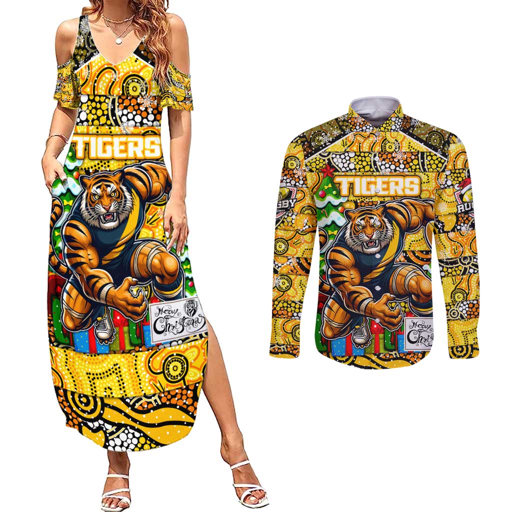Custom Richmond Tigers Football Merry Christmas Couples Matching Summer Maxi Dress and Long Sleeve Button Shirt Indigenous Australian Art