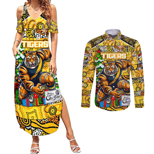 Custom Richmond Tigers Football Merry Christmas Couples Matching Summer Maxi Dress and Long Sleeve Button Shirt Indigenous Australian Art