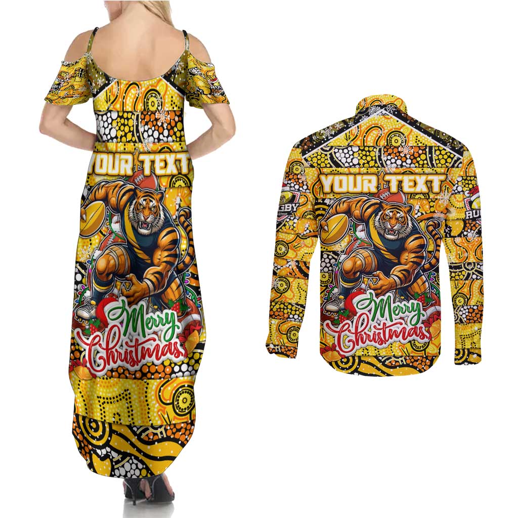 Custom Richmond Tigers Football Merry Christmas Couples Matching Summer Maxi Dress and Long Sleeve Button Shirt Indigenous Australian Art
