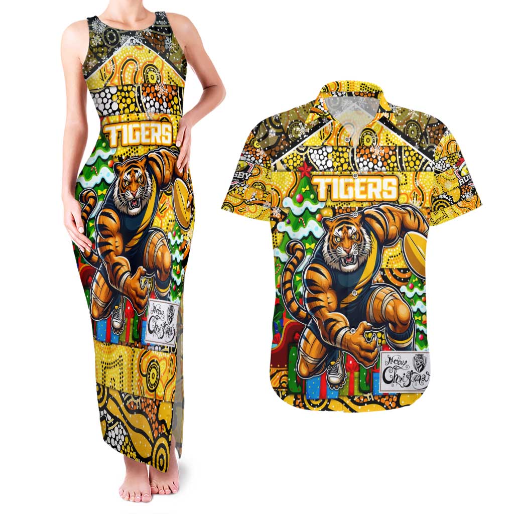 Custom Richmond Tigers Football Merry Christmas Couples Matching Tank Maxi Dress and Hawaiian Shirt Indigenous Australian Art