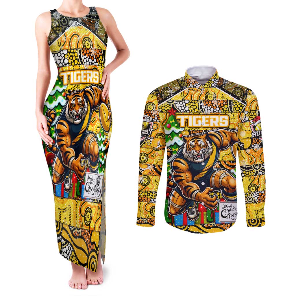 Custom Richmond Tigers Football Merry Christmas Couples Matching Tank Maxi Dress and Long Sleeve Button Shirt Indigenous Australian Art