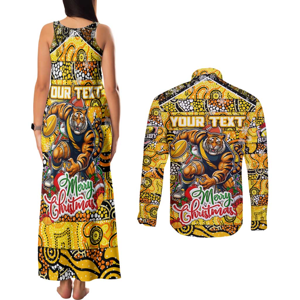 Custom Richmond Tigers Football Merry Christmas Couples Matching Tank Maxi Dress and Long Sleeve Button Shirt Indigenous Australian Art