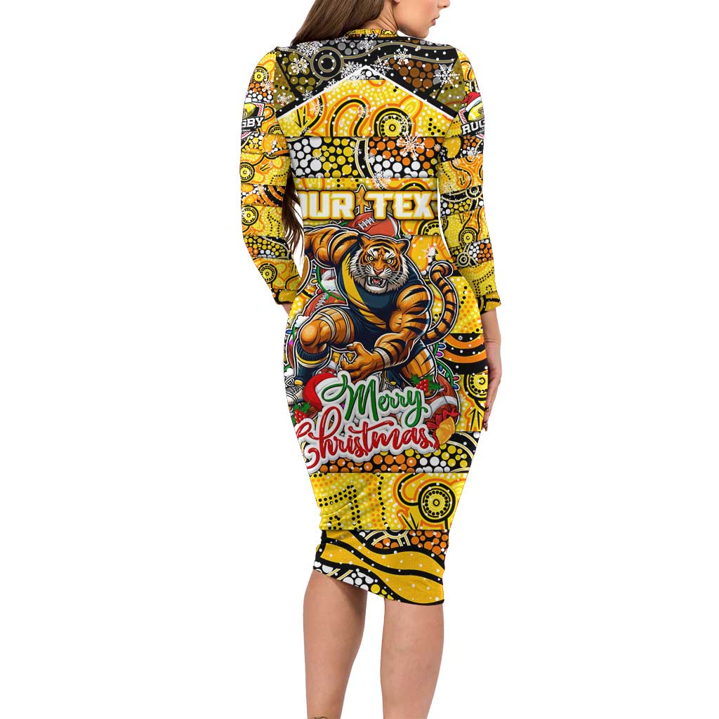 Custom Richmond Tigers Football Merry Christmas Family Matching Long Sleeve Bodycon Dress and Hawaiian Shirt Indigenous Australian Art