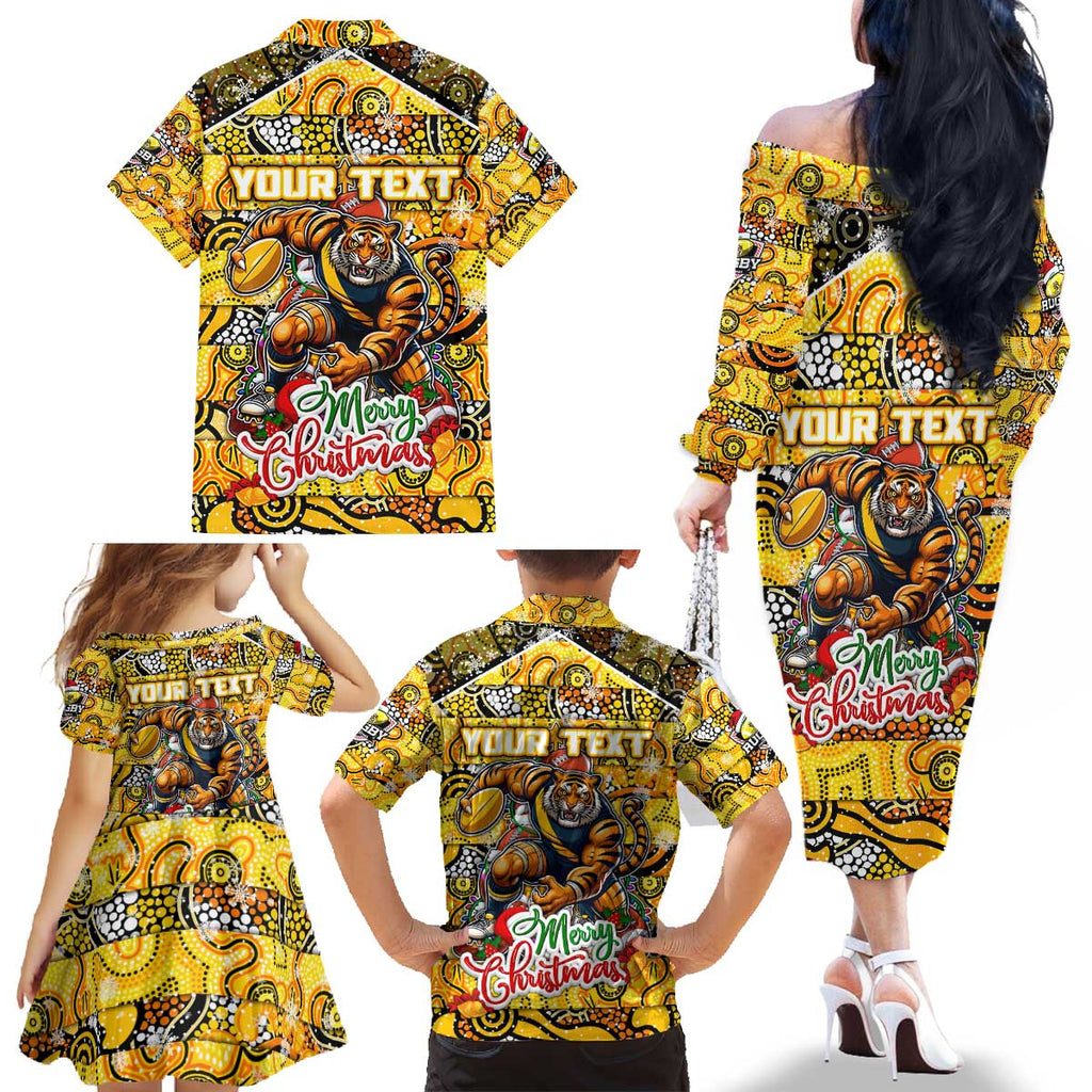 Custom Richmond Tigers Football Merry Christmas Family Matching Off The Shoulder Long Sleeve Dress and Hawaiian Shirt Indigenous Australian Art
