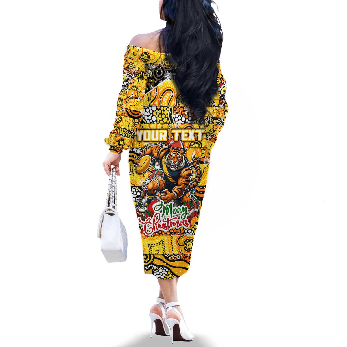 Custom Richmond Tigers Football Merry Christmas Family Matching Off The Shoulder Long Sleeve Dress and Hawaiian Shirt Indigenous Australian Art