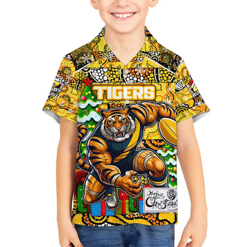 Custom Richmond Tigers Football Merry Christmas Family Matching Off Shoulder Short Dress and Hawaiian Shirt Indigenous Australian Art