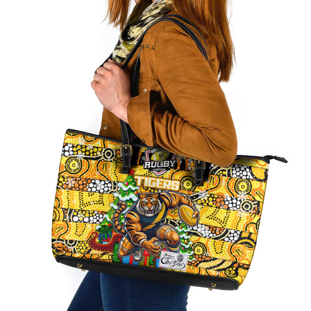 Richmond Tigers Football Merry Christmas Leather Tote Bag Indigenous Australian Art