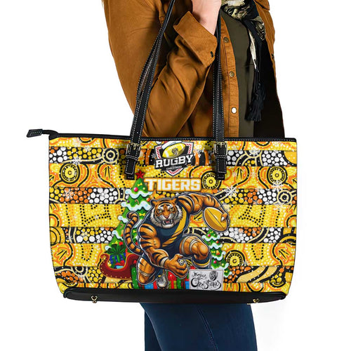 Richmond Tigers Football Merry Christmas Leather Tote Bag Indigenous Australian Art