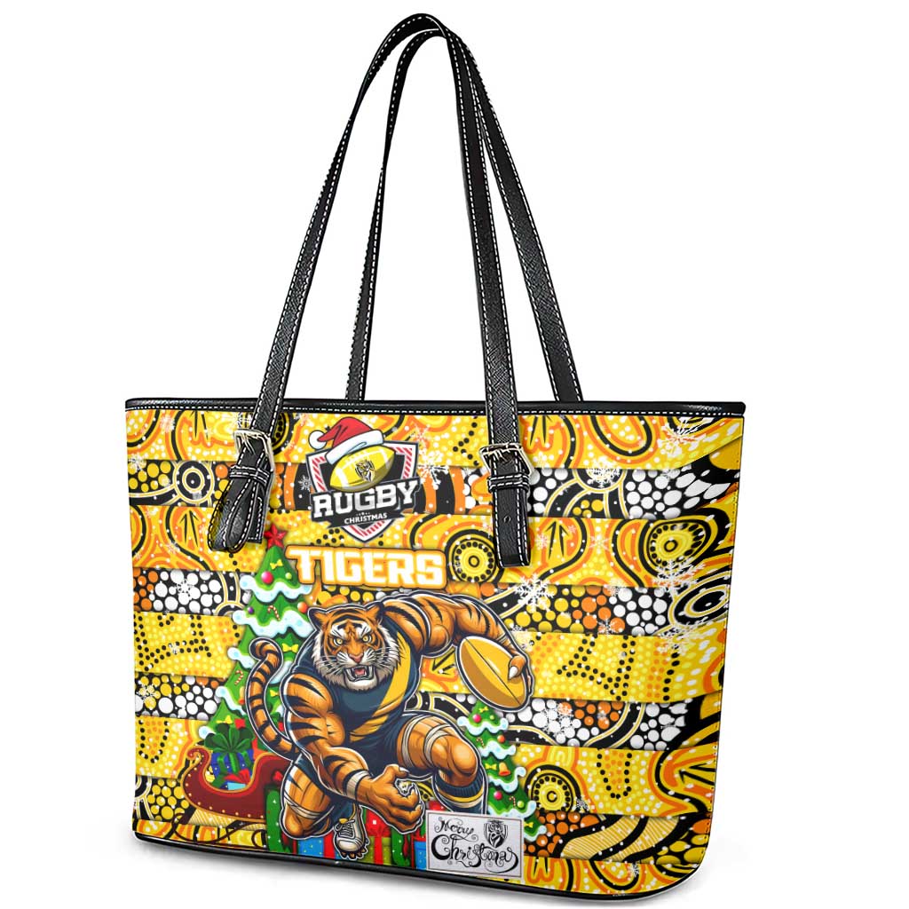 Richmond Tigers Football Merry Christmas Leather Tote Bag Indigenous Australian Art