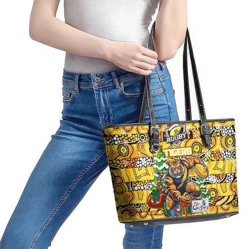 Richmond Tigers Football Merry Christmas Leather Tote Bag Indigenous Australian Art
