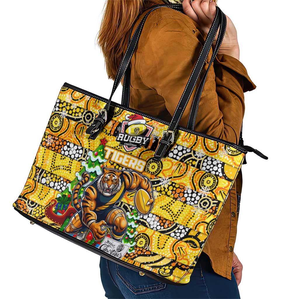 Richmond Tigers Football Merry Christmas Leather Tote Bag Indigenous Australian Art