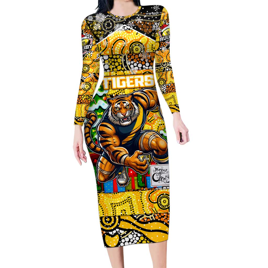 Custom Richmond Tigers Football Merry Christmas Long Sleeve Bodycon Dress Indigenous Australian Art