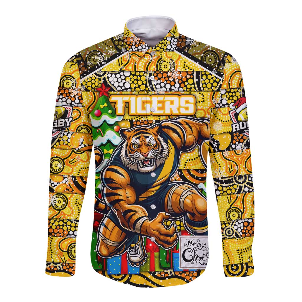 Custom Richmond Tigers Football Merry Christmas Long Sleeve Button Shirt Indigenous Australian Art