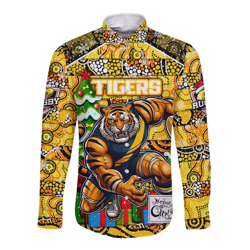 Custom Richmond Tigers Football Merry Christmas Long Sleeve Button Shirt Indigenous Australian Art