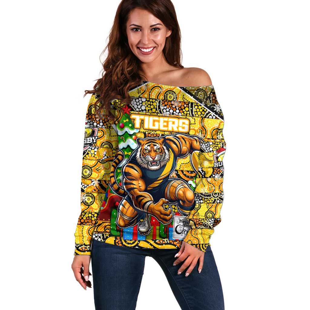 Custom Richmond Tigers Football Merry Christmas Off Shoulder Sweater Indigenous Australian Art