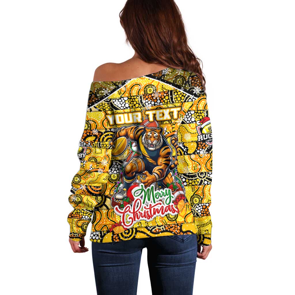 Custom Richmond Tigers Football Merry Christmas Off Shoulder Sweater Indigenous Australian Art