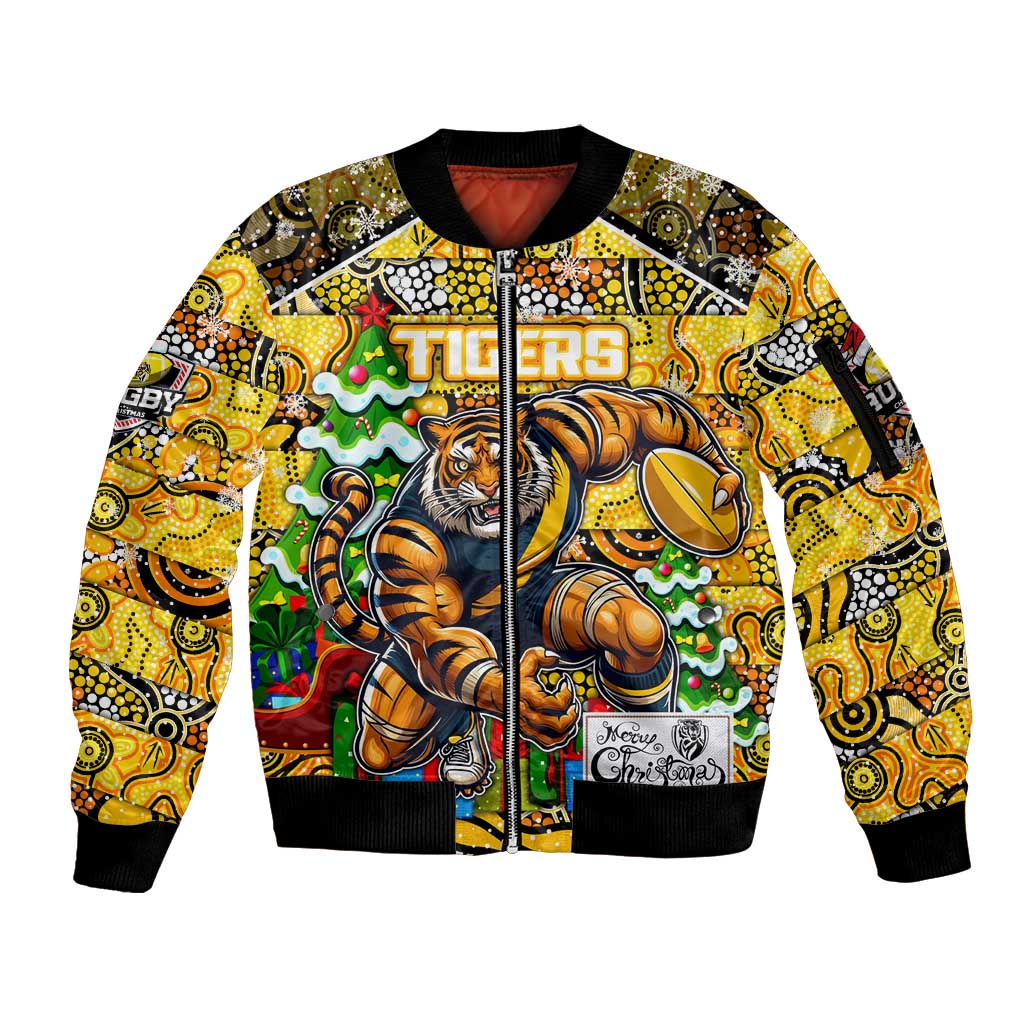 Custom Richmond Tigers Football Merry Christmas Sleeve Zip Bomber Jacket Indigenous Australian Art