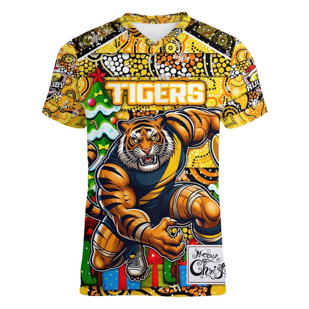 Custom Richmond Tigers Football Merry Christmas Women V-Neck T-Shirt Indigenous Australian Art