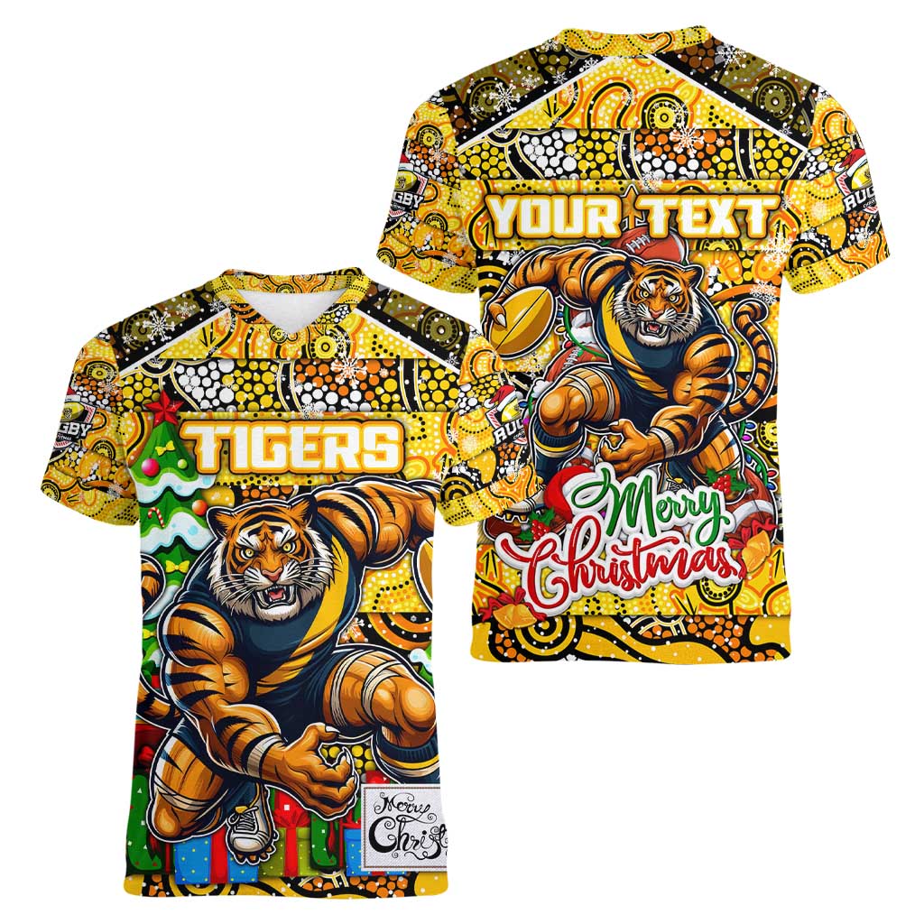 Custom Richmond Tigers Football Merry Christmas Women V-Neck T-Shirt Indigenous Australian Art