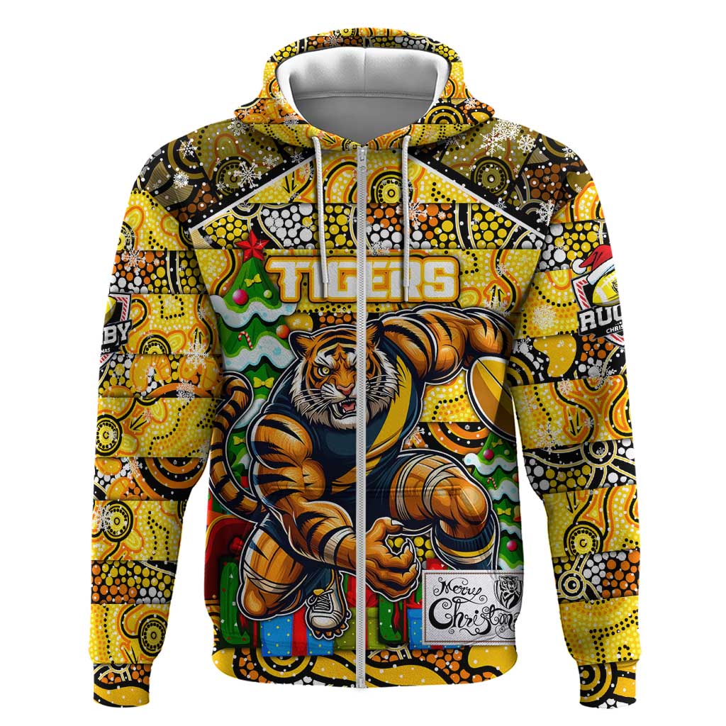 Custom Richmond Tigers Football Merry Christmas Zip Hoodie Indigenous Australian Art