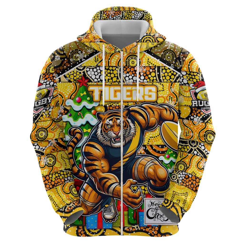 Custom Richmond Tigers Football Merry Christmas Zip Hoodie Indigenous Australian Art