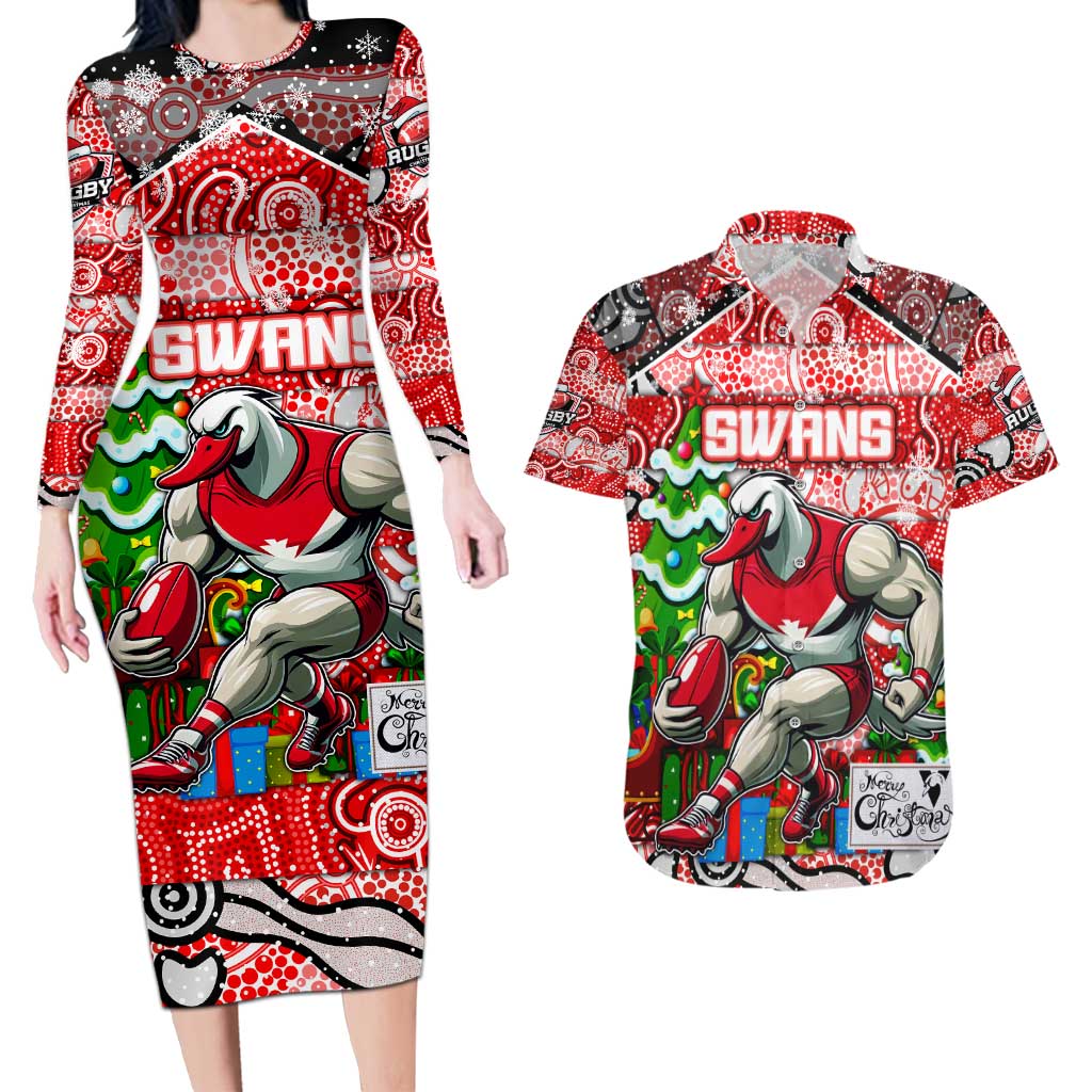 Custom Swans Rugby Merry Christmas Couples Matching Long Sleeve Bodycon Dress and Hawaiian Shirt Indigenous Australian Art