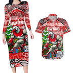 Custom Swans Rugby Merry Christmas Couples Matching Long Sleeve Bodycon Dress and Hawaiian Shirt Indigenous Australian Art