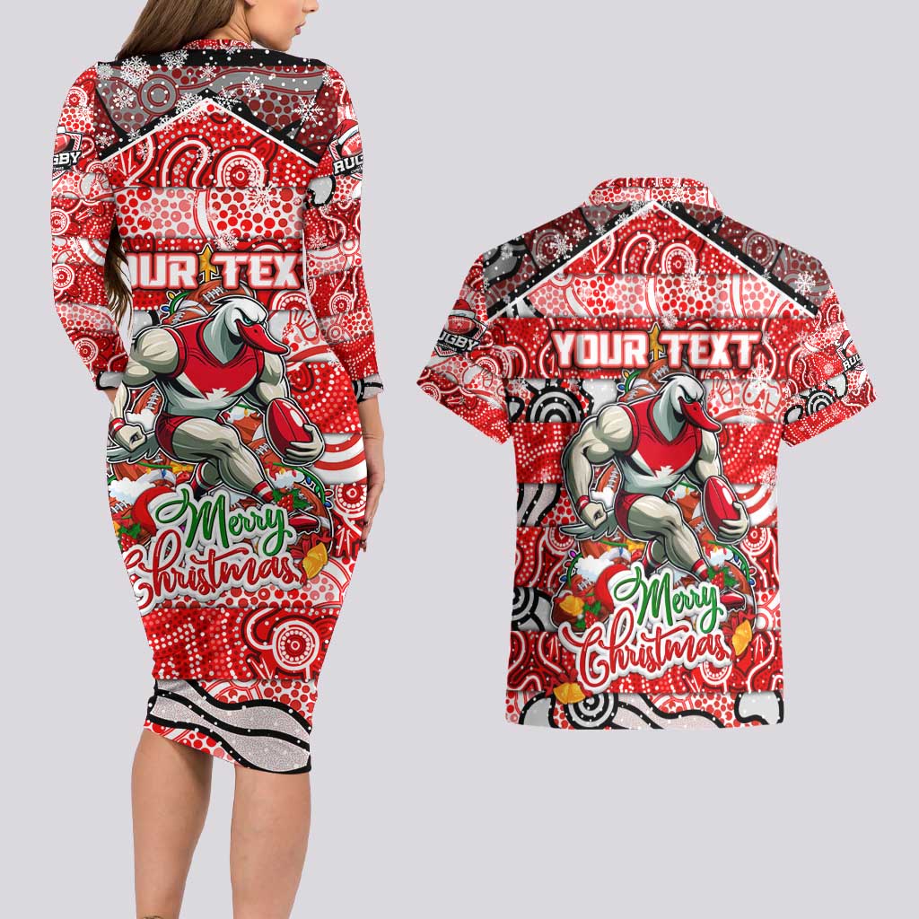 Custom Swans Rugby Merry Christmas Couples Matching Long Sleeve Bodycon Dress and Hawaiian Shirt Indigenous Australian Art