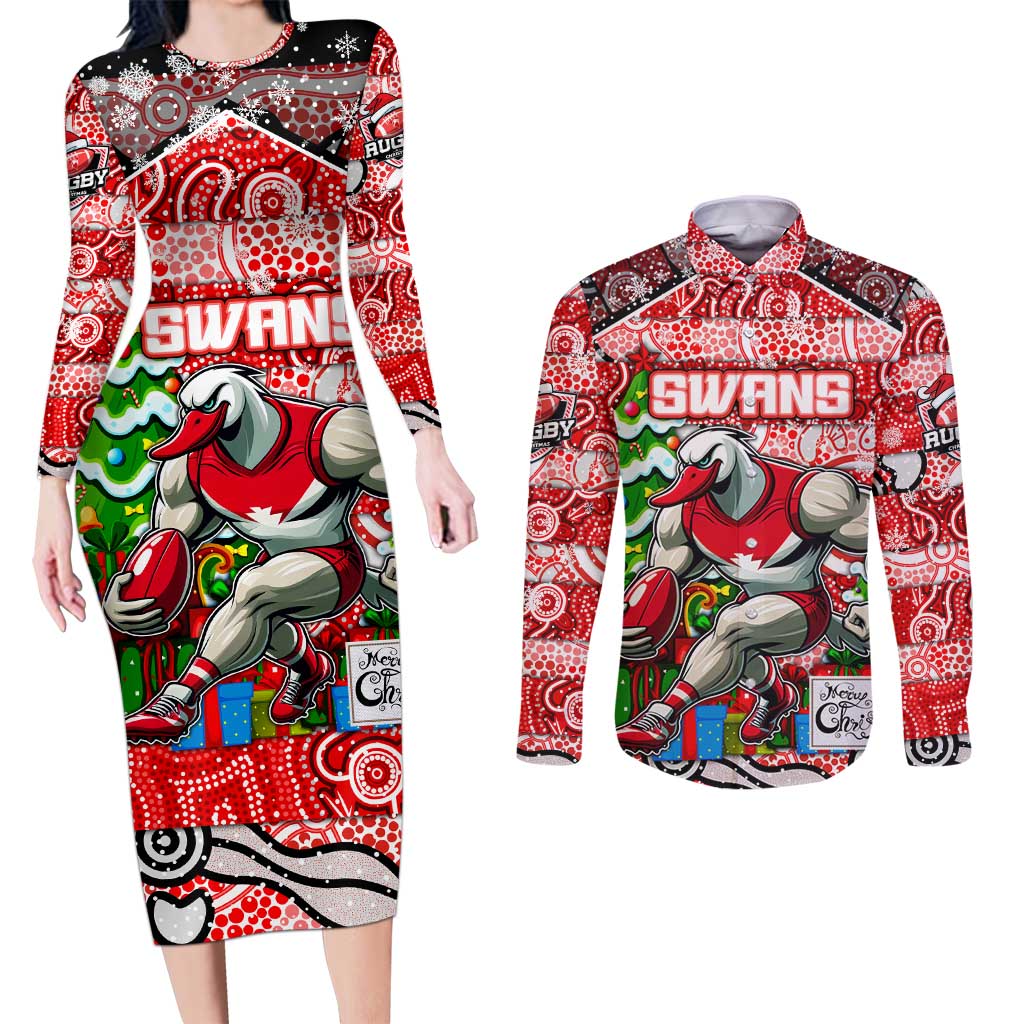 Custom Swans Rugby Merry Christmas Couples Matching Long Sleeve Bodycon Dress and Long Sleeve Button Shirt Indigenous Australian Art