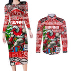 Custom Swans Rugby Merry Christmas Couples Matching Long Sleeve Bodycon Dress and Long Sleeve Button Shirt Indigenous Australian Art