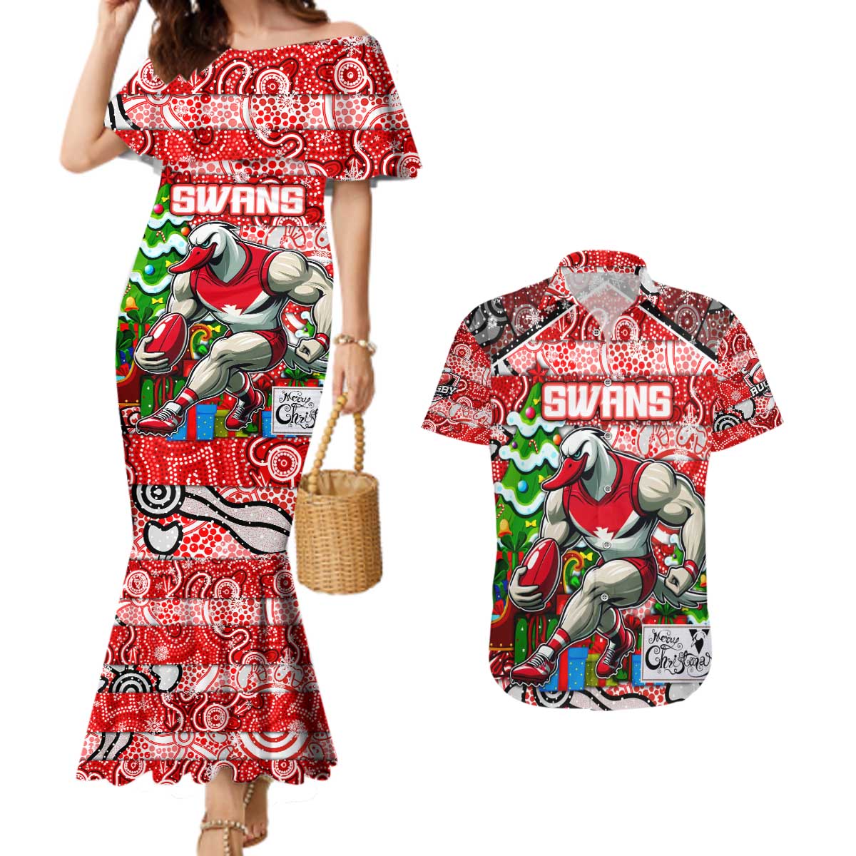 Custom Swans Rugby Merry Christmas Couples Matching Mermaid Dress and Hawaiian Shirt Indigenous Australian Art
