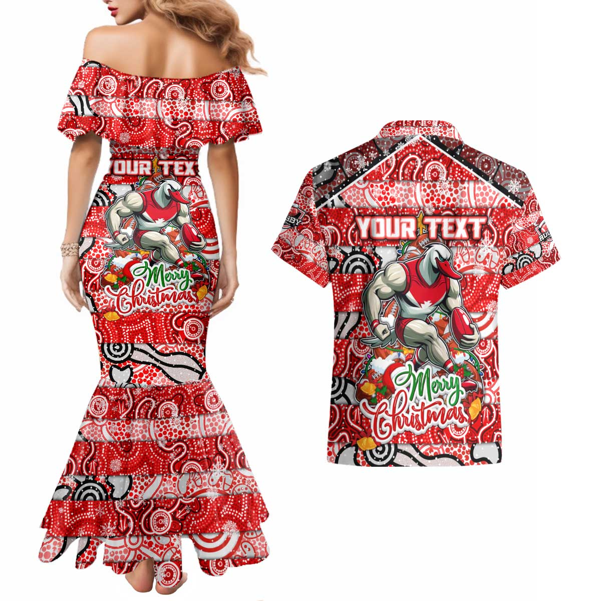 Custom Swans Rugby Merry Christmas Couples Matching Mermaid Dress and Hawaiian Shirt Indigenous Australian Art
