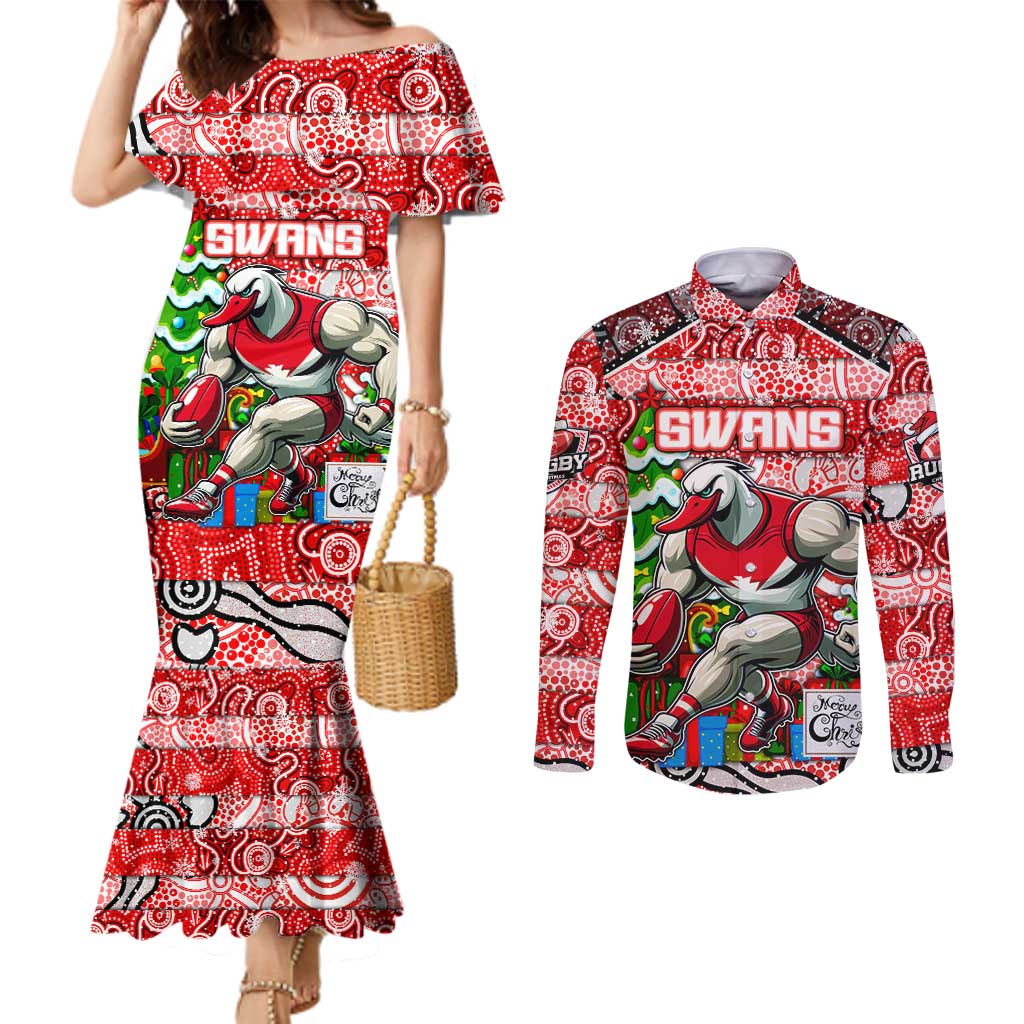 Custom Swans Rugby Merry Christmas Couples Matching Mermaid Dress and Long Sleeve Button Shirt Indigenous Australian Art