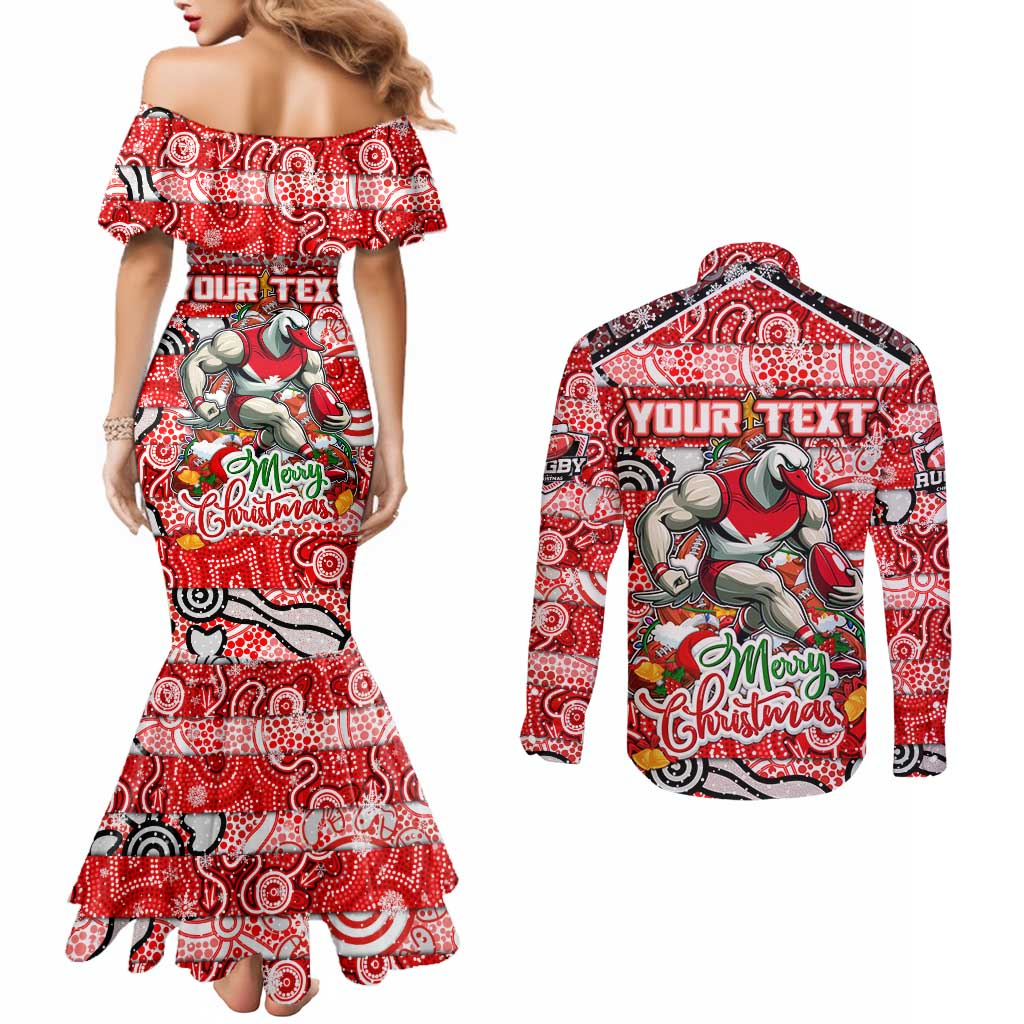 Custom Swans Rugby Merry Christmas Couples Matching Mermaid Dress and Long Sleeve Button Shirt Indigenous Australian Art