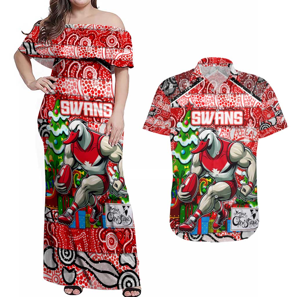Custom Swans Rugby Merry Christmas Couples Matching Off Shoulder Maxi Dress and Hawaiian Shirt Indigenous Australian Art