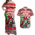 Custom Swans Rugby Merry Christmas Couples Matching Off Shoulder Maxi Dress and Hawaiian Shirt Indigenous Australian Art