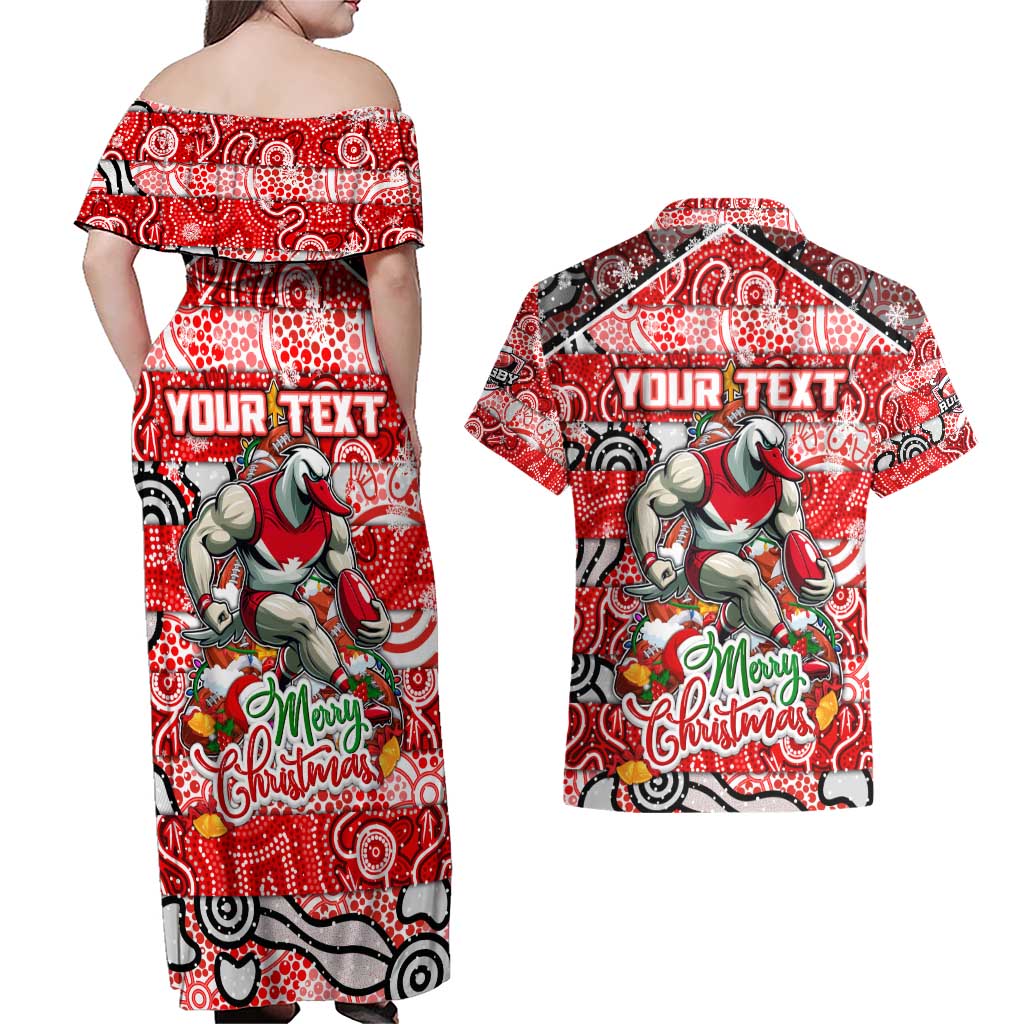 Custom Swans Rugby Merry Christmas Couples Matching Off Shoulder Maxi Dress and Hawaiian Shirt Indigenous Australian Art