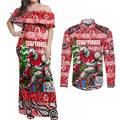 Custom Swans Rugby Merry Christmas Couples Matching Off Shoulder Maxi Dress and Long Sleeve Button Shirt Indigenous Australian Art