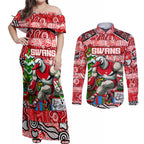 Custom Swans Rugby Merry Christmas Couples Matching Off Shoulder Maxi Dress and Long Sleeve Button Shirt Indigenous Australian Art