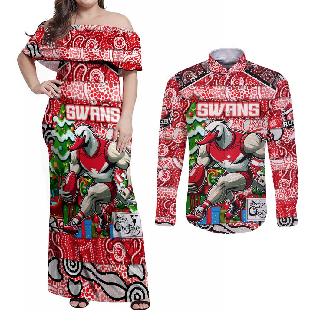 Custom Swans Rugby Merry Christmas Couples Matching Off Shoulder Maxi Dress and Long Sleeve Button Shirt Indigenous Australian Art