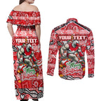 Custom Swans Rugby Merry Christmas Couples Matching Off Shoulder Maxi Dress and Long Sleeve Button Shirt Indigenous Australian Art