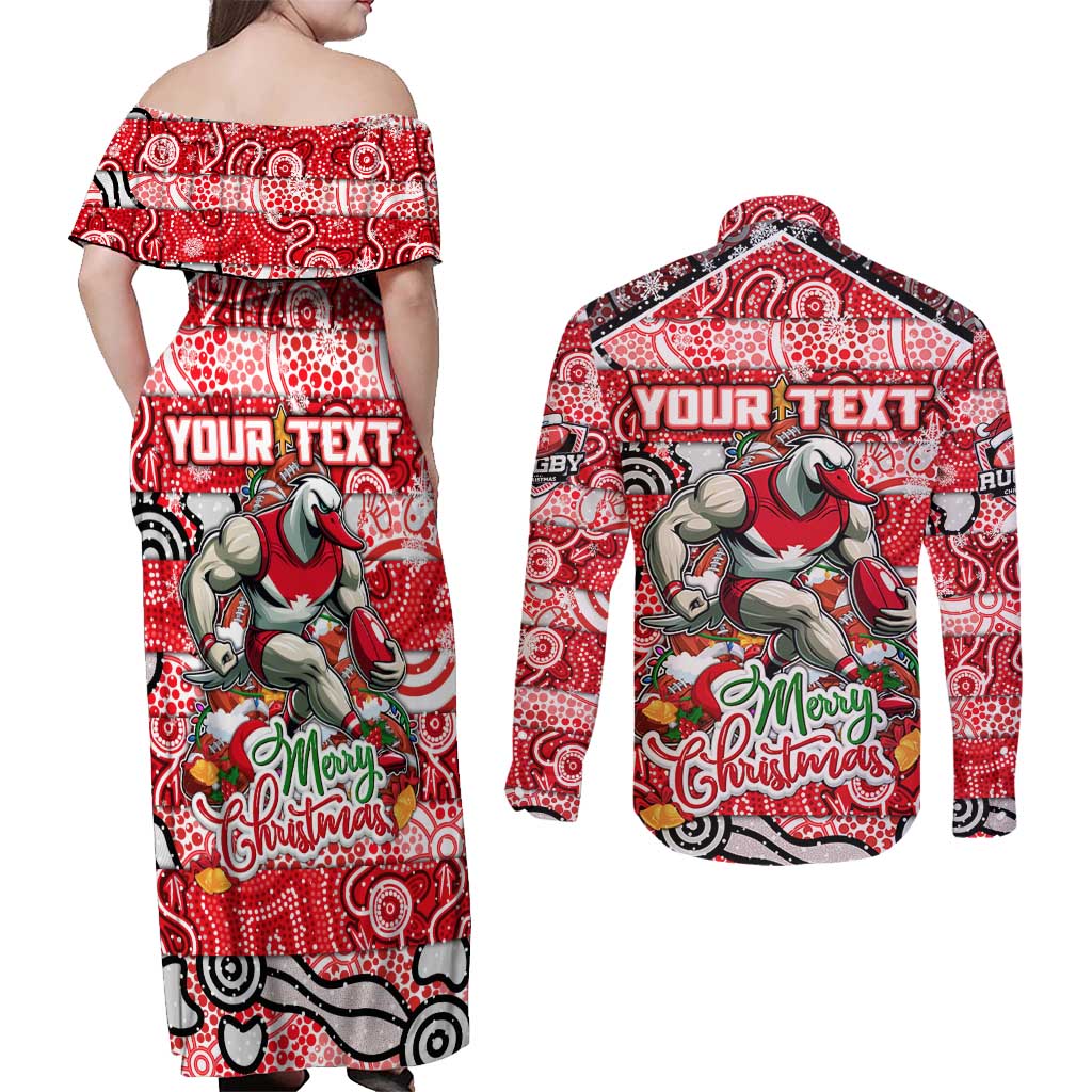 Custom Swans Rugby Merry Christmas Couples Matching Off Shoulder Maxi Dress and Long Sleeve Button Shirt Indigenous Australian Art