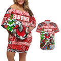 Custom Swans Rugby Merry Christmas Couples Matching Off Shoulder Short Dress and Hawaiian Shirt Indigenous Australian Art