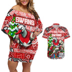 Custom Swans Rugby Merry Christmas Couples Matching Off Shoulder Short Dress and Hawaiian Shirt Indigenous Australian Art
